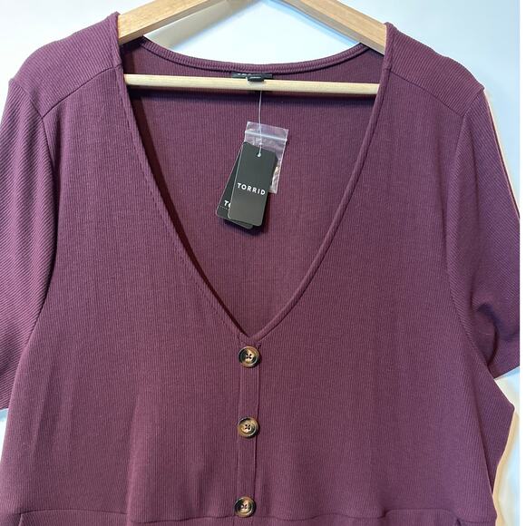 Torrid Ribbed Knit Button Front Detail Midi Dress Sz 3X Burgundy Pockets Stretch - Picture 3 of 13